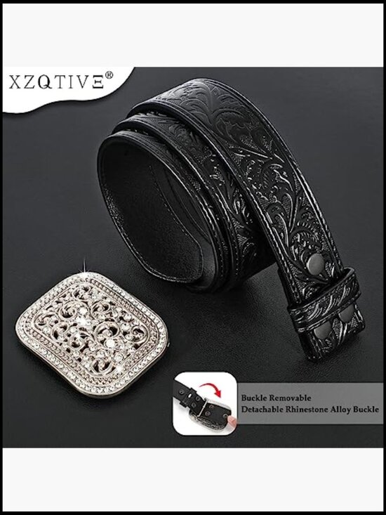 Genuine Leather Western Belt with Silver Diamond Buckle main image 5